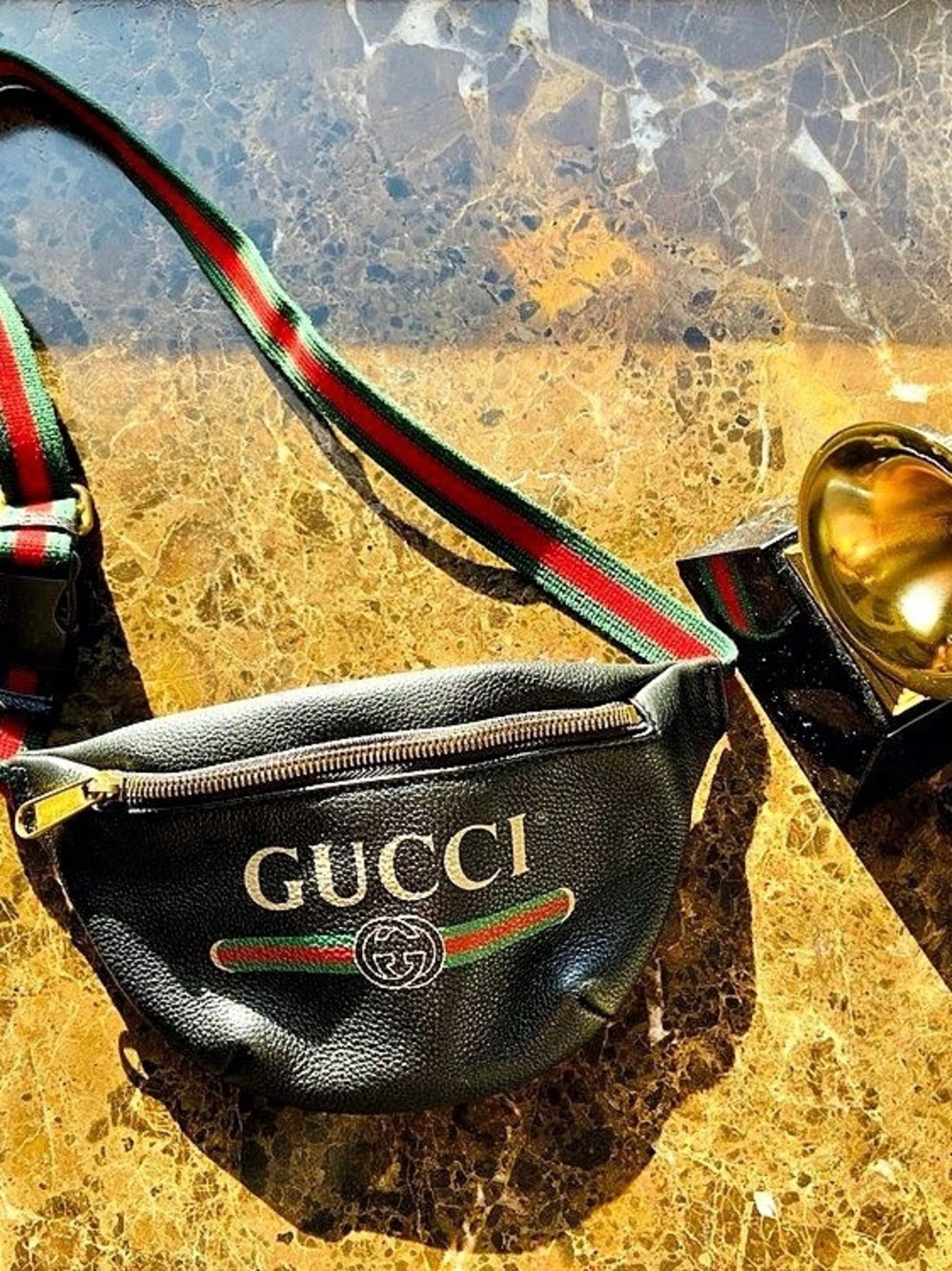 🔥 GUCCI Grained Calfskin Logo Belt Bag Black Web Stripe